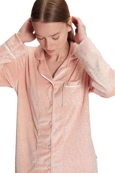 Anıl Women's Long Sleeve Peach Length Buttoned Velvet Pajamas Set 11247