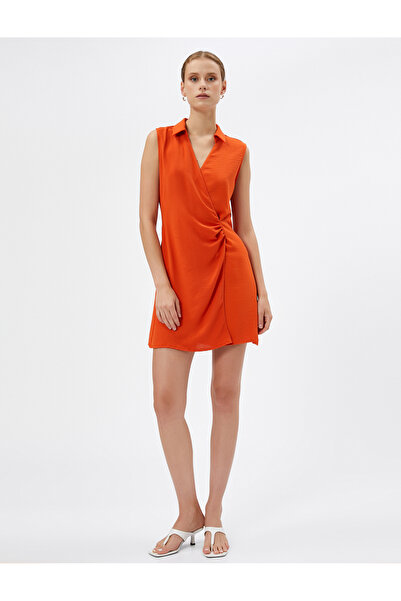 Koton Μίνι Πλισέ Πουκάμισο Φόρεμα Δραπέ με Διπλό Στήθος Αμάνικο