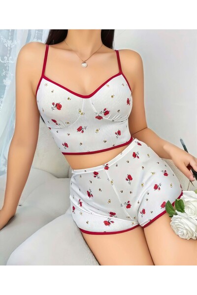 Lily Bianca Çiçek Desenli Askılı Penye Şortlu Pijama Takımı