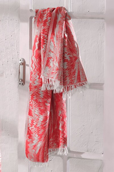 Stella Belli 90x180 Jacquard Jacquard 100% Cotton Peshtemal - Tasseled, Red-Beige Boxed Respiro