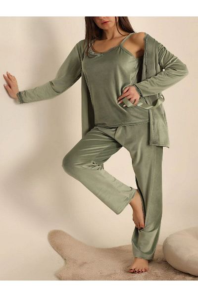 Pijamoni Γυναικείο Πράσινο Βελούδινο Σετ Πυτζάμες 3 τεμαχίων