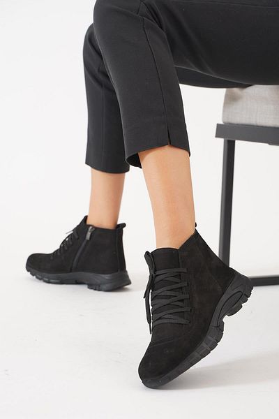 Moda Pie Napele din nubuc negru - Cizme de damă din piele naturală cu legături încrucișate