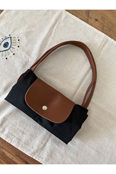 Butik Deri Saplı Katlanabilir Siyah Kadın Omuz Çantası