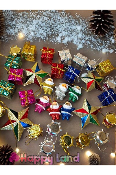 Happyland Yılbaşı Süsleri Seti 34 Parça Renkli Trend Karışık Yılbaşı Ağacı Süsleri Seti Happy New Year Set