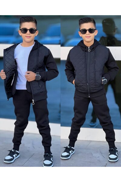 esmacamoda Boys' Quilted Tracksuit Set Black Color