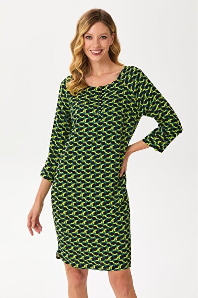 İKİLER Yuvarlak Yaka Önü Çıtçıtlı Kolu Apoletli Elbise 245-4004