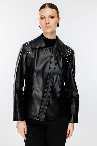Ekol Plus Size Leather Coat with Staple Detail