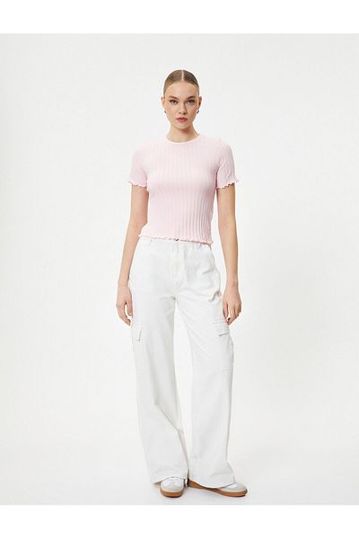 Koton Crop T-Shirt Short Sleeve Crew Neck Textured Cotton