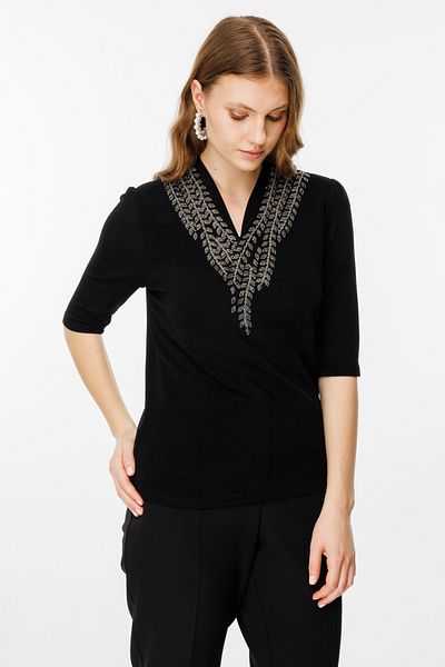 Ekol Embroidered Collar Three Quarter Sleeve Blouse