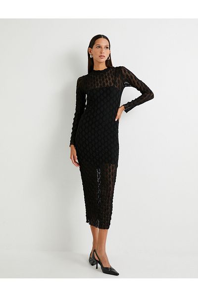 Koton Midikleid Langarm Rundhals Transparent Strukturiert