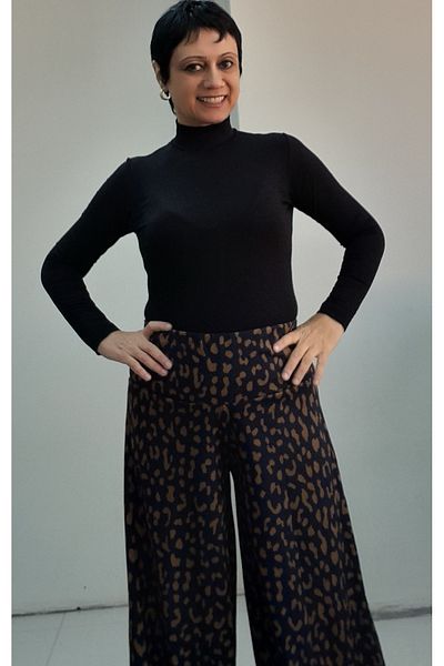 Mertcan Butik Navy Blue Mustard Print Elastic Waist Loose Leg Pants Skirt
