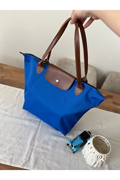 Butik Deri Saplı Katlanabilir Mavi Kadın Omuz Çantası