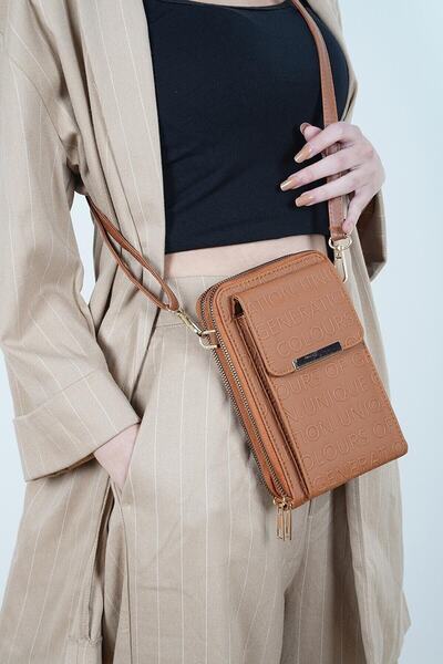 Sena Women's Tan Print Patterned Phone 3 Compartment Diagonal Adjustable Wall...