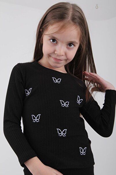 Perendi %100 Pamuklu Minik Kelebek Nakışlı Kız Çocuk Sweatshirt Siyah