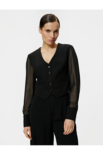 Koton Blazer Yelek Şifon Kollu Düğmeli Fleto Cepli V Yaka