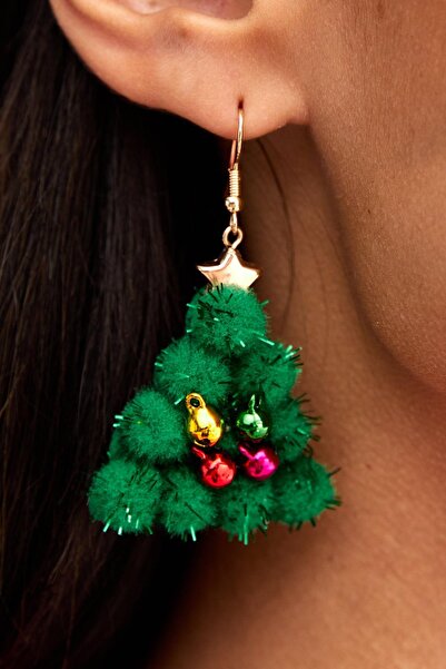 New Obsessions Yılbaşı Serisi Ponpon ve Zil Detaylı Yılbaşı Ağacı Küpe