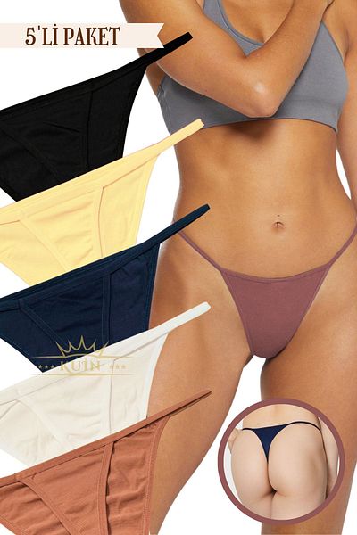 KUIN Pack of 5 Rope Strap Cotton, Lycra Combed String Thong Panties