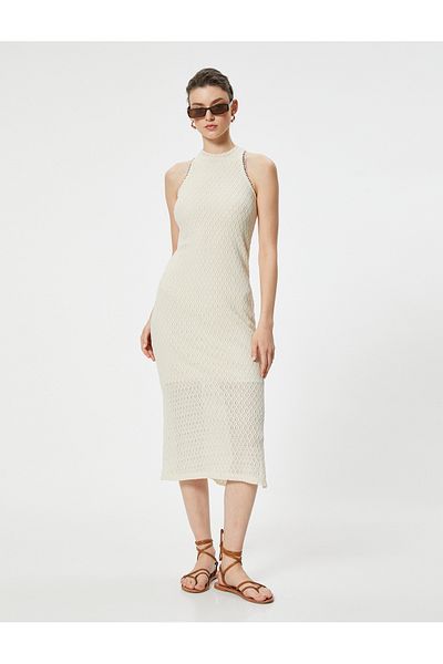 Koton Crew Neck Slit Midi Openwork Sleeveless Dress
