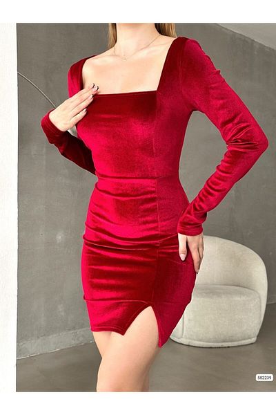 Trendusfashion Rochie mini cu guler pătrat din țesătură din catifea sezon nou