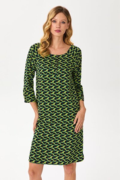 İKİLER Yuvarlak Yaka Önü Çıtçıtlı Kolu Apoletli Elbise 245-4004