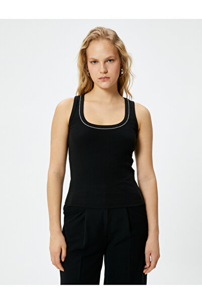 Koton Ribbed Athlete Shiny Stone Thick Strap U-neck Cotton