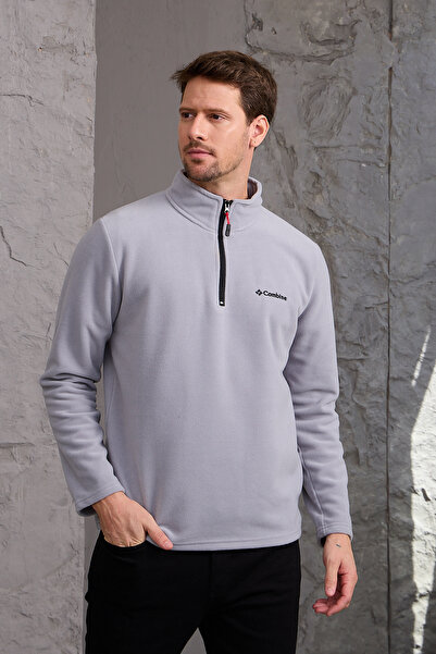 MAXIMILLIAN Ανδρικό χειμωνιάτικο γκρι φλις μπουφάν - Χοντρό μισό φερμουάρ, βαμβακερό ύφασμα