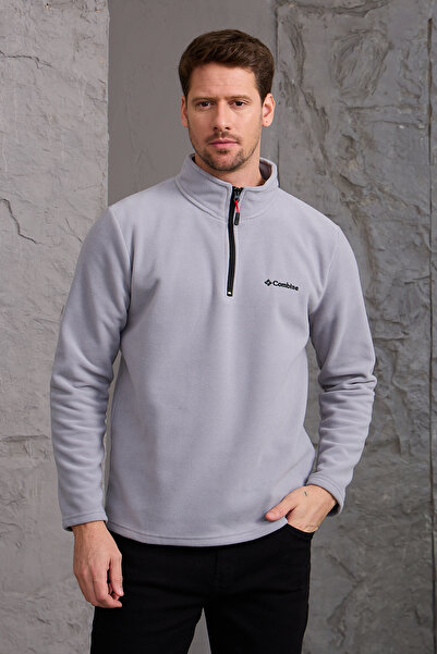 MAXIMILLIAN Ανδρικό χειμωνιάτικο γκρι φλις μπουφάν - Χοντρό μισό φερμουάρ, βαμβακερό ύφασμα