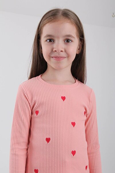 Perendi %100 Pamuklu Minik Kalp Nakışlı Kız Çocuk Sweatshirt Somon