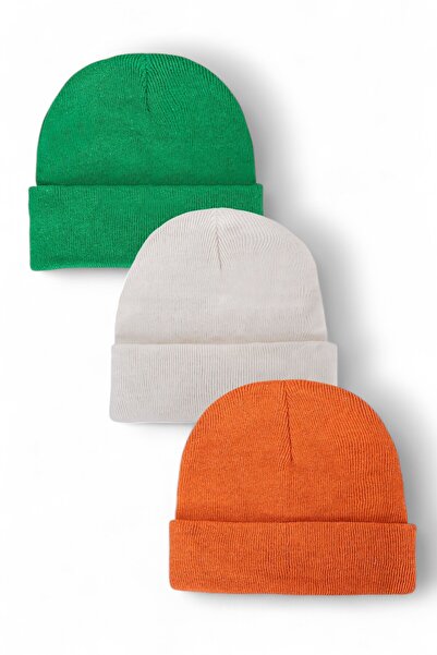 Eke Tekstil Unisex Katlamalı Siyah,beyaz,gri 3'lü Bere Seti