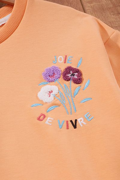 Cansın Mini Crew Neck Orange Flower Embroidered Girl's Sweatshirt - 19653