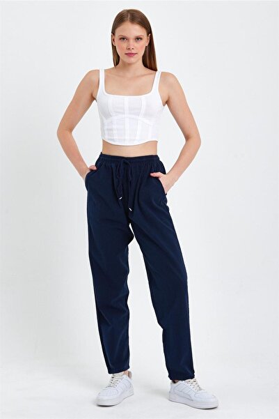 MAXIMILLIAN Μπλε Navy ψηλόμεσο λινό παντελόνι ελαστικό μέσης