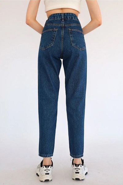 DRC trend Blugi Mom Albastru Inchis Lycra Talie Inalta Pantaloni Blugi Mom Blue Snow Washed