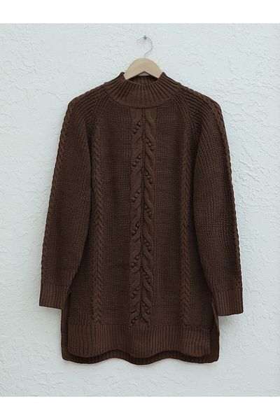 Modamorfo Strick-Tunika mit geflochtenem Pompom-Haar – braun