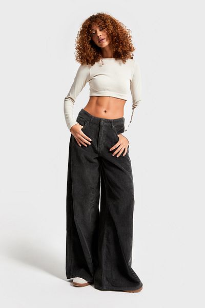 its basic Anthrazitfarbene 26w414-Palazzo-Fit-Hose aus dickem Cordstoff für Damen