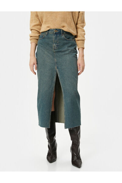 Koton Uzun Kot Etek Yüksek Bel Önden Yırtmaçlı Pamuklu Cepli Rahat Kalıp