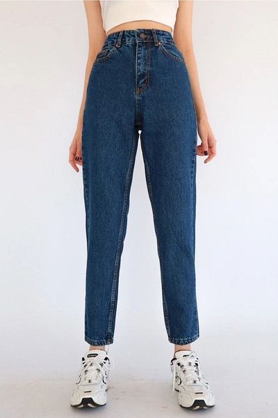 DRC trend Blugi Mom Albastru Inchis Lycra Talie Inalta Pantaloni Blugi Mom Blue Snow Washed