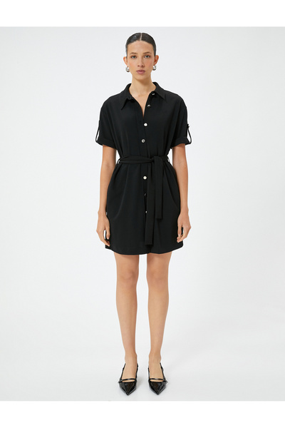 Koton Rochie cămașă mini cu mânecă scurtă, cu detaliu de brâu, țesătură creponată