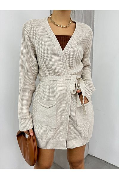Modamorfo Solid Brass Knitted Sweater Cardigan - Lace-Up and Stone Color