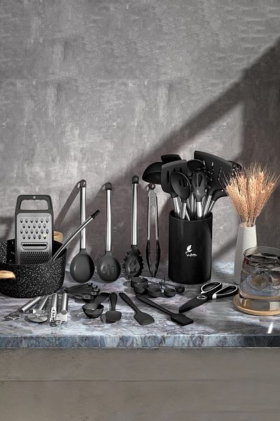 valletta Marbella Black Kitchen Set - 35 Pieces, Stainless Steel and Silicone Tip Spatula
