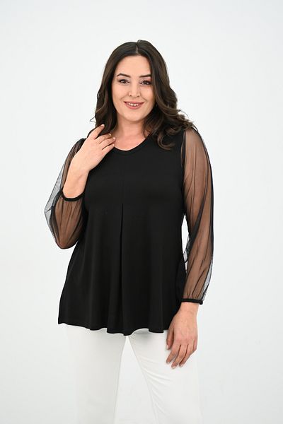 Koza Butik Women's Plus Size Pleated V Neck Tulle Detail Blouse 1857-25