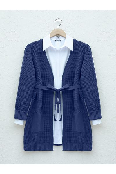 Modamorfo Lace-Up Solid Brass Knitted Sweater Cardigan - Indigo