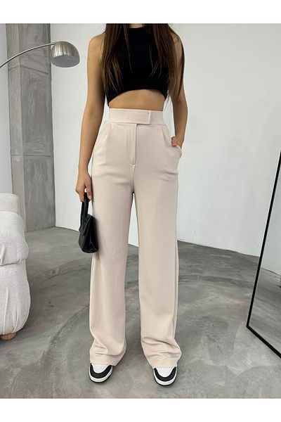 BİKELİFE Beigefarbene Palazzo-Hose aus Lycra mit Klettverschluss für Damen