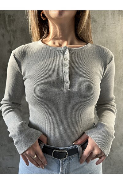 asfamoda Kadın Gri Melanj Düğme Detaylı Patlı Düğmeli Bisiklet Yaka Uzun Koll...