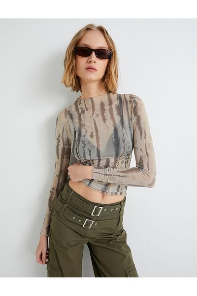 Koton Transparentes T-Shirt aus Tüll mit Batikmuster, lange Ärmel, Stehkragen