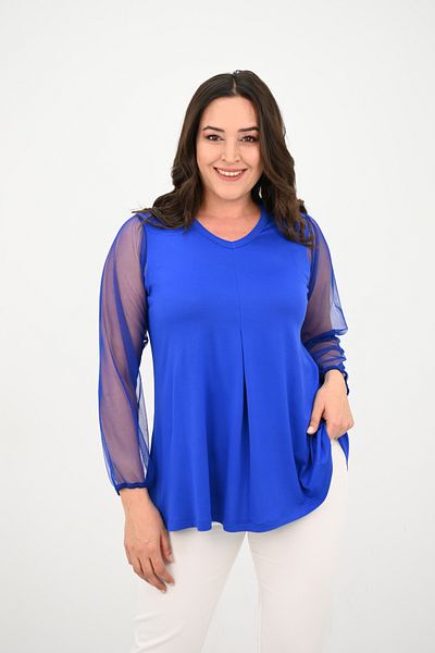 Koza Butik Women's Plus Size Pleated V Neck Tulle Detail Blouse 1857-25
