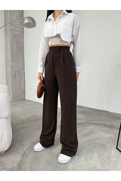 BİKELİFE Braune Lycra-Palazzo-Hose mit weitem Bein und Klettverschluss für Damen