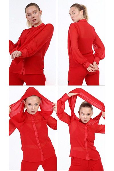 OUZ Fashion Women's Shawl Detail Judge Collar Chiffon Shirt