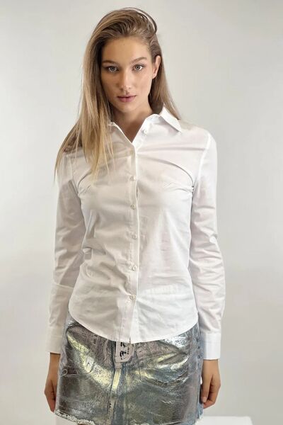 Miss Poem Жіноча сорочка з поло-комірцем, облягаючого крою, з довгими рукавами, базова, біла