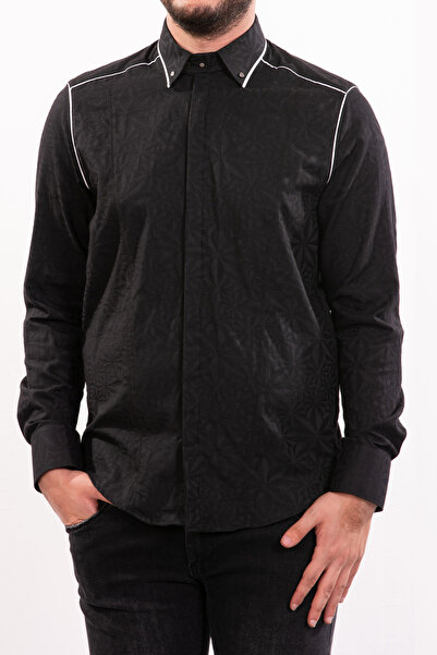 Mondo Siyah Yakası Metal Aksesuarlı Uzun Kol Gömlek