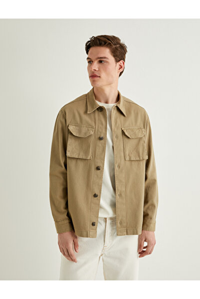 Koton Langarmhemdmantel mit Abdecktasche, detaillierte strukturierte Baumwolle